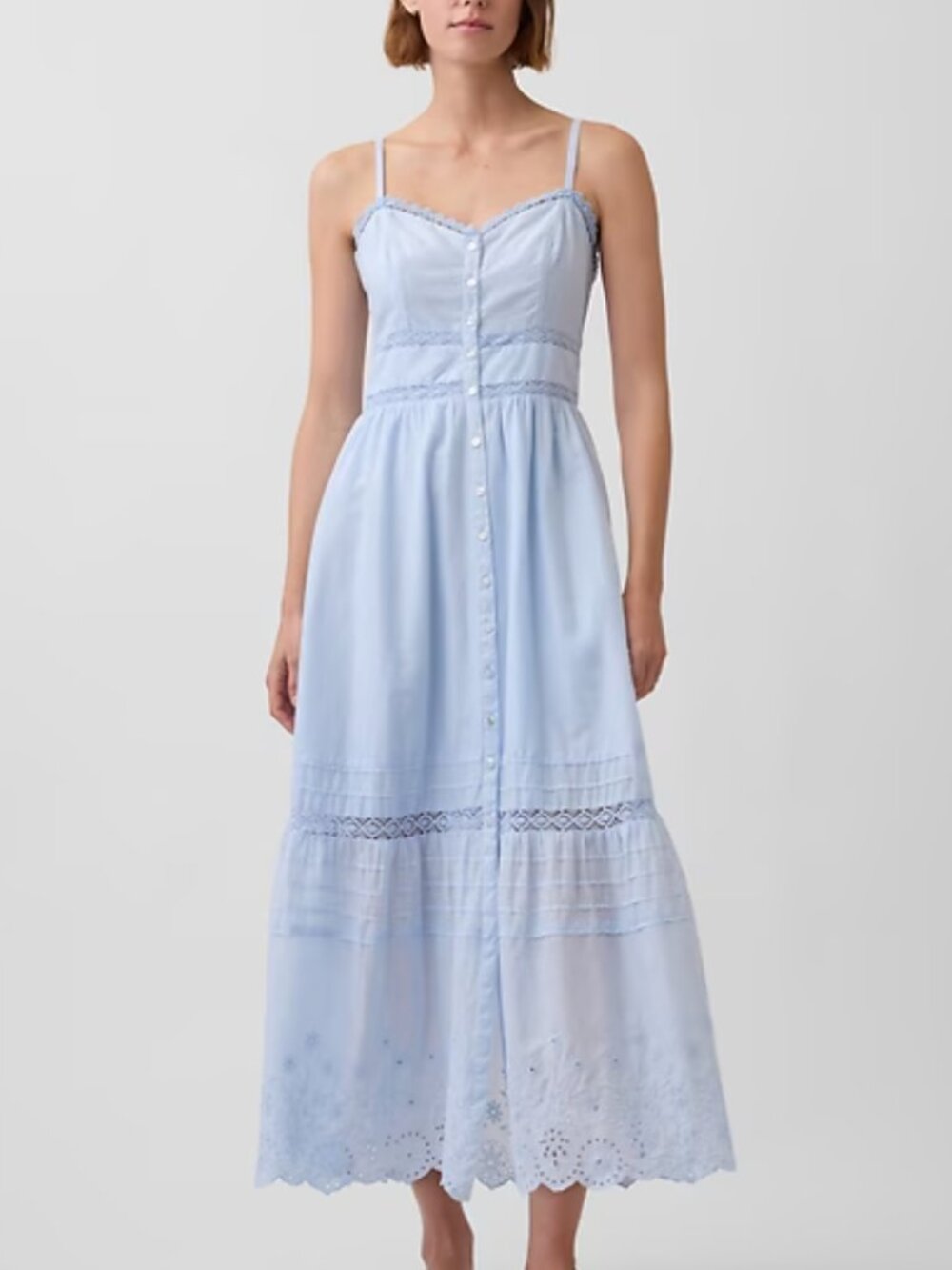 Gap Blue Lace Trim Button Front Maxi Dress Cottagecore Coastal Sz M NWT